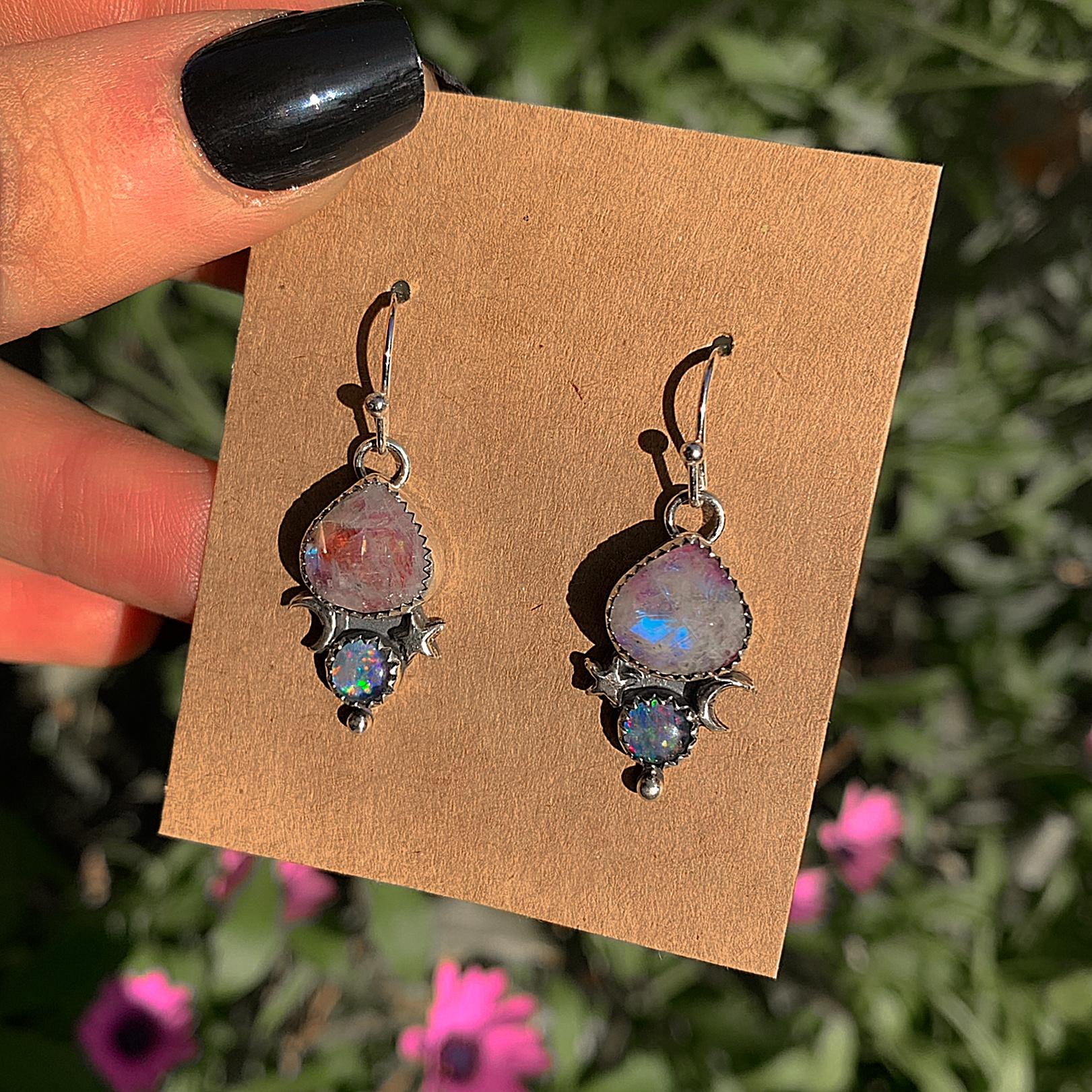 Australian Opal & Rose Cut Moonstone with Red Jasper Earrings - Sterling Silver - Pink Moonstone Earrings - Rainbow Opal Earrings Moon Star