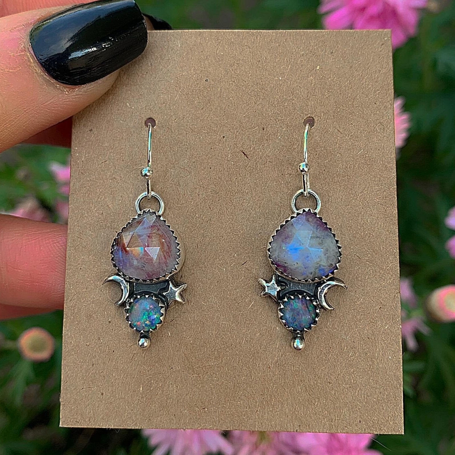 Australian Opal & Rose Cut Moonstone with Red Jasper Earrings - Sterling Silver - Pink Moonstone Earrings - Rainbow Opal Earrings Moon Star