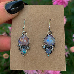 Australian Opal & Rose Cut Moonstone with Red Jasper Earrings - Sterling Silver - Pink Moonstone Earrings - Rainbow Opal Earrings Moon Star