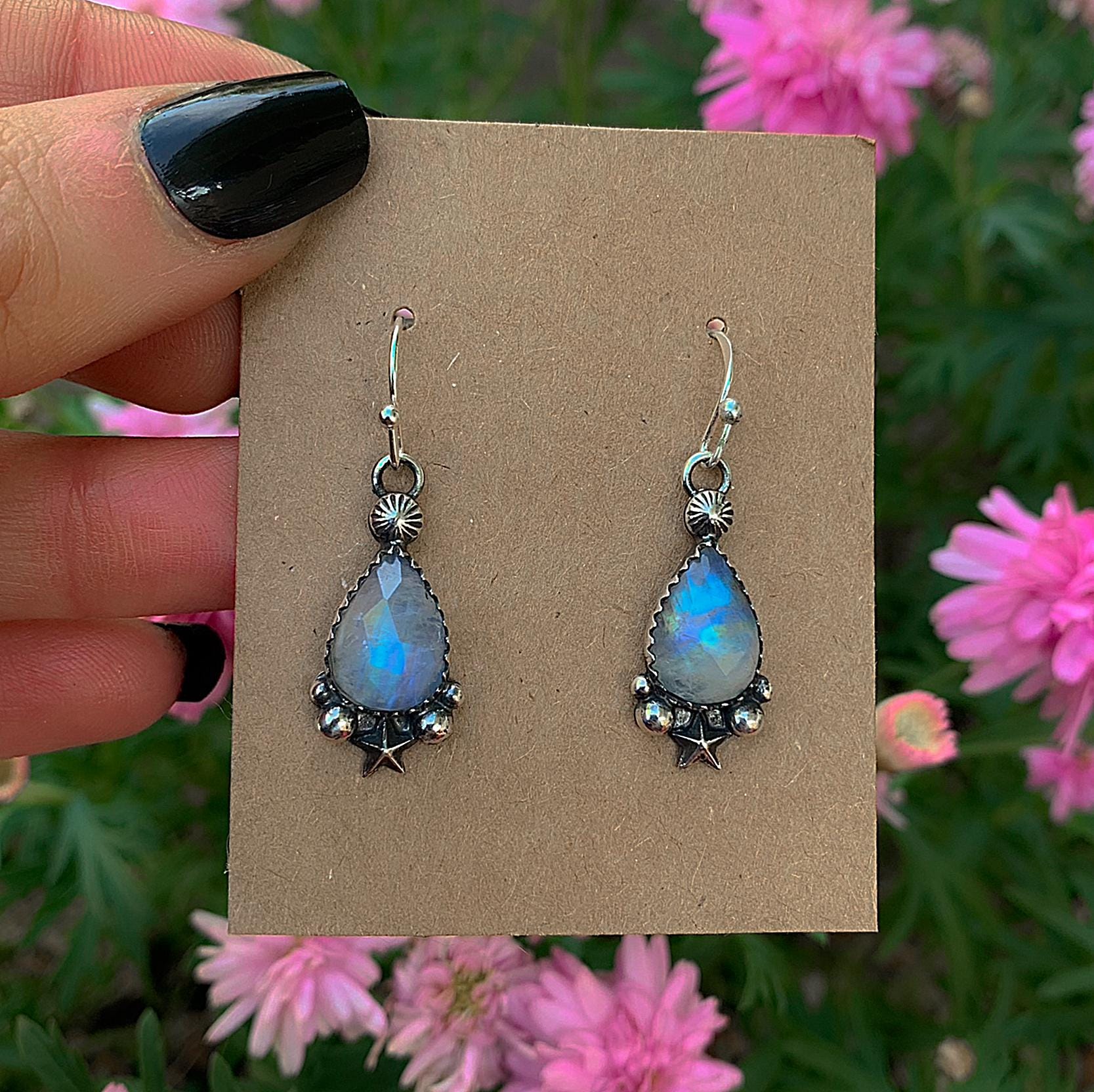 Rose Cut Moonstone Star Earrings - Sterling Silver - Teardrop Rainbow Moonstone Earrings, Celestial Dangles, Faceted Moonstone Hook Earrings