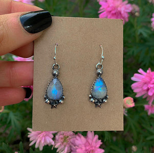 Rose Cut Moonstone Star Earrings - Sterling Silver - Teardrop Rainbow Moonstone Earrings, Celestial Dangles, Faceted Moonstone Hook Earrings