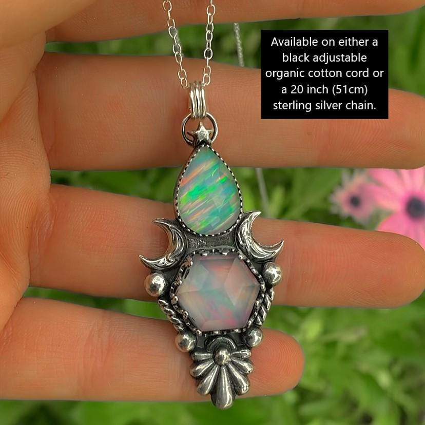 Rose Cut Clear Quartz & Aurora Opal Pendant- Sterling Silver - Multi Stone Crescent Moon Necklace - Rainbow Opal Peddant - Fairy Jewellery