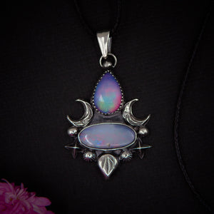 Australian Opal & Rose Cut Clear Quartz with Aurora Opal Pendant- Sterling Silver - Multi Stone Crescent Moon Necklace, Rainbow Opal Jewelry