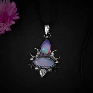 Australian Opal & Rose Cut Clear Quartz with Aurora Opal Pendant- Sterling Silver - Multi Stone Crescent Moon Necklace, Rainbow Opal Jewelry