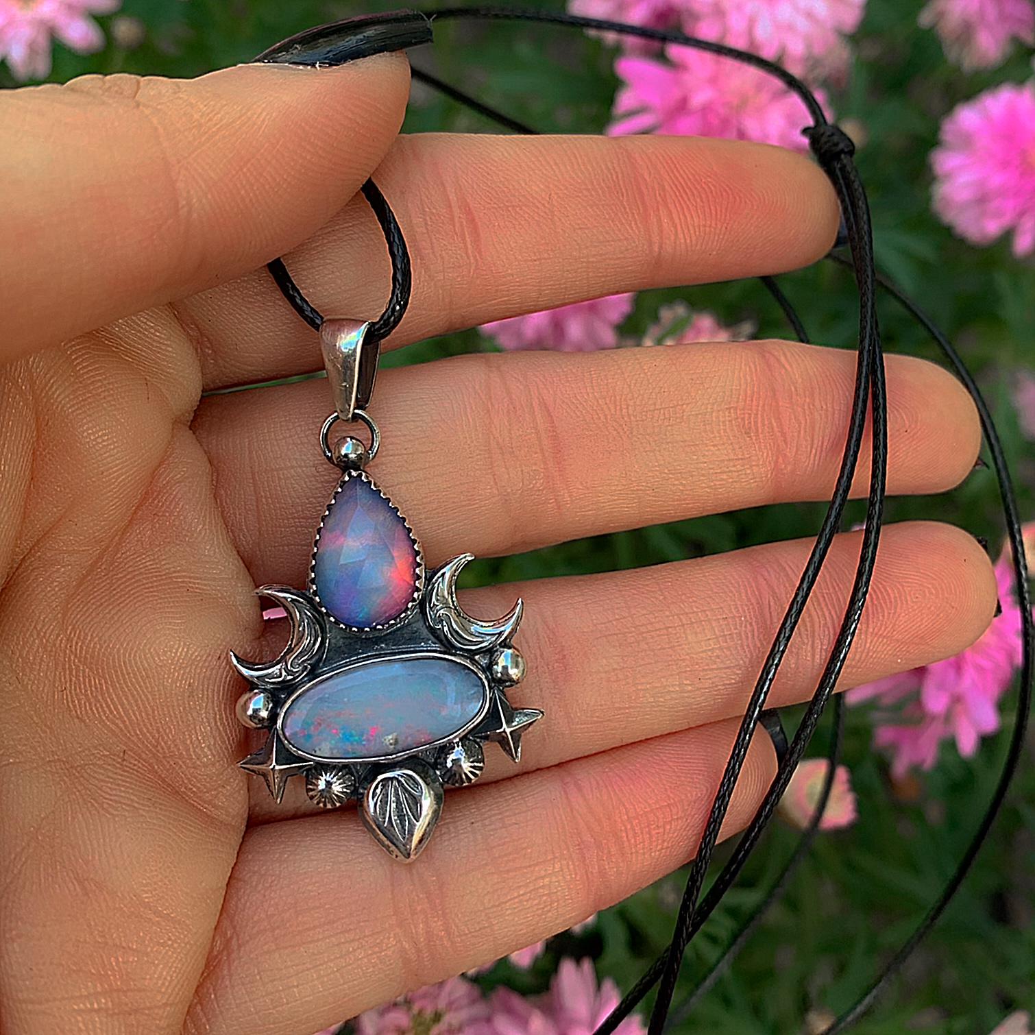 Australian Opal & Rose Cut Clear Quartz with Aurora Opal Pendant- Sterling Silver - Multi Stone Crescent Moon Necklace, Rainbow Opal Jewelry