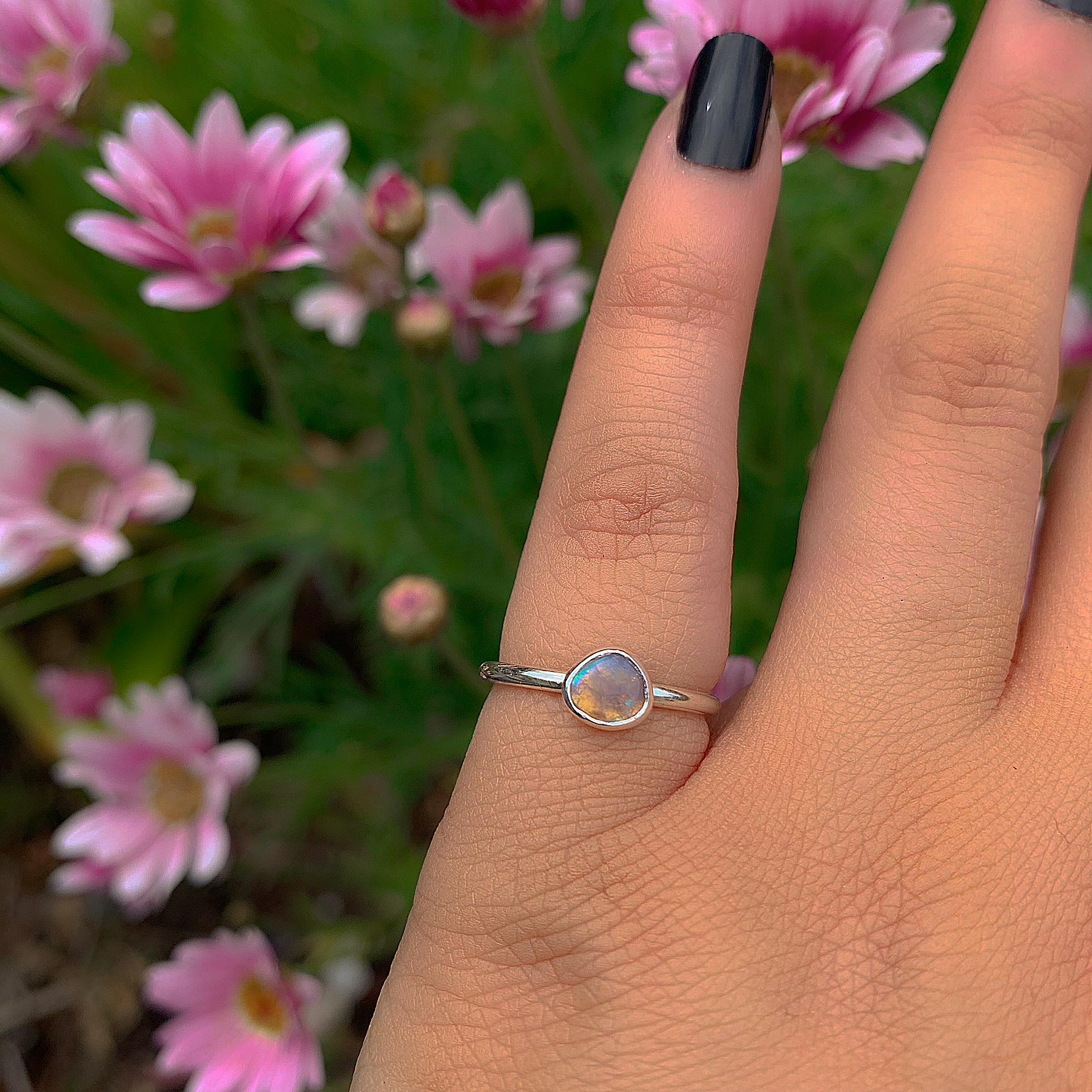 Australian Crystal Opal Ring - Size 4 1/2 - Sterling Silver - Lightning Ridge Opal Ring - Dainty Opal Jewelry - Solid Australian Opal OOAK
