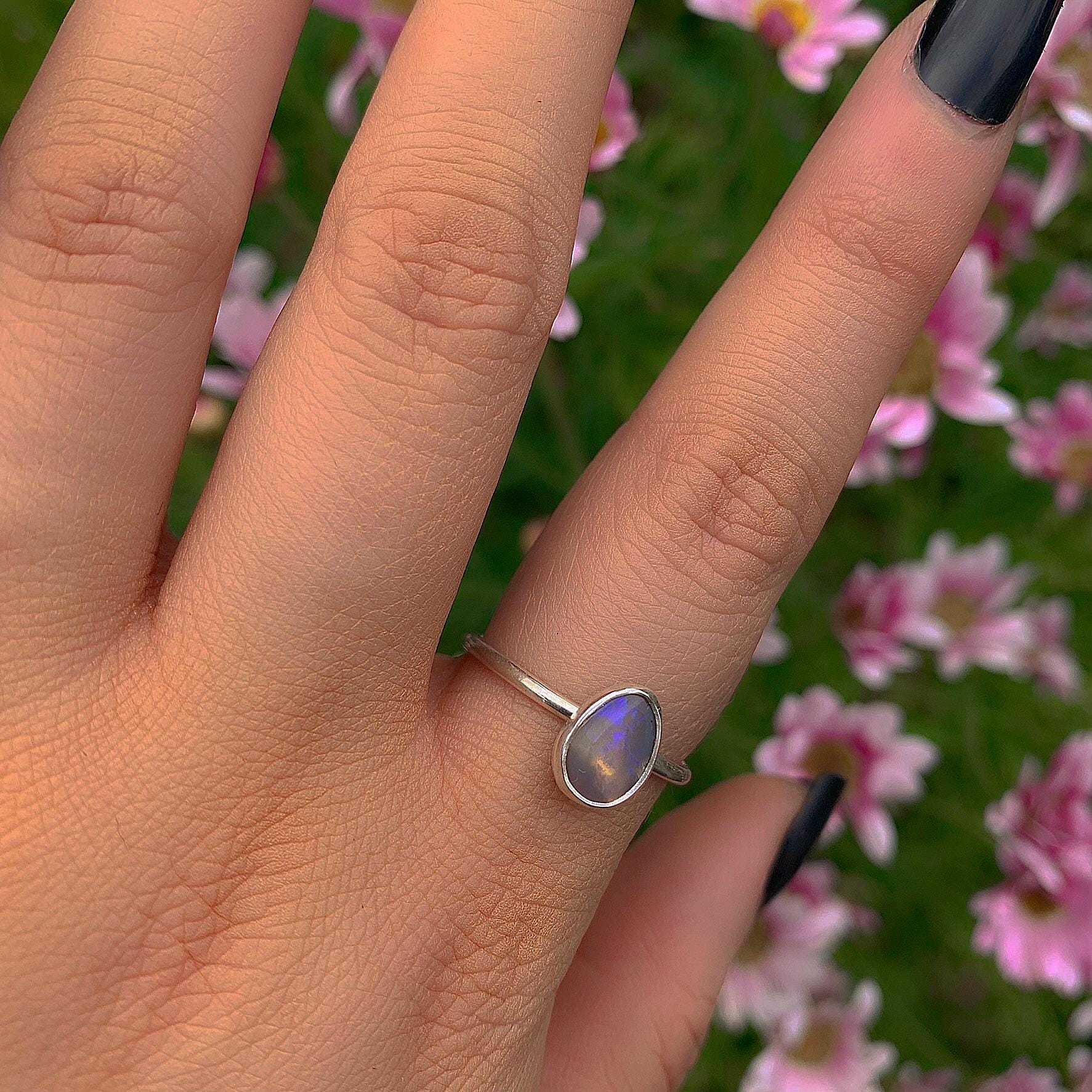 Australian Crystal Opal Ring - Size 9 - Sterling Silver - Lightning Ridge Opal Ring - Dainty Opal Jewelry - Solid Australian Opal