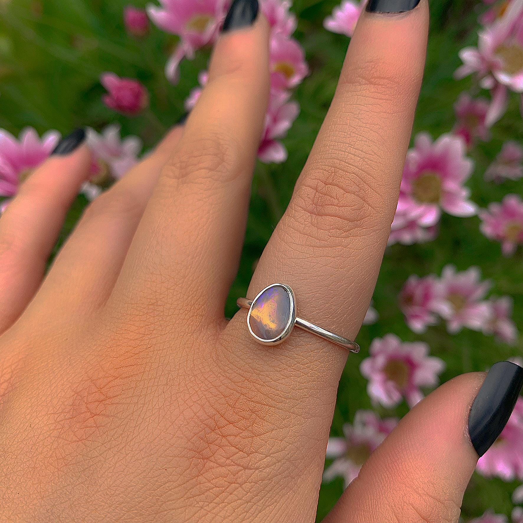 Australian Crystal Opal Ring - Size 9 - Sterling Silver - Lightning Ridge Opal Ring - Dainty Opal Jewelry - Solid Australian Opal