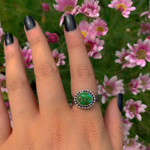 Sonoran Gold Turquoise Ring - Size 7 1/2 - Sterling Silver - Green Turquoise Jewellery - Aqua Turquoise - Thick Floral Band Turquoise Ring