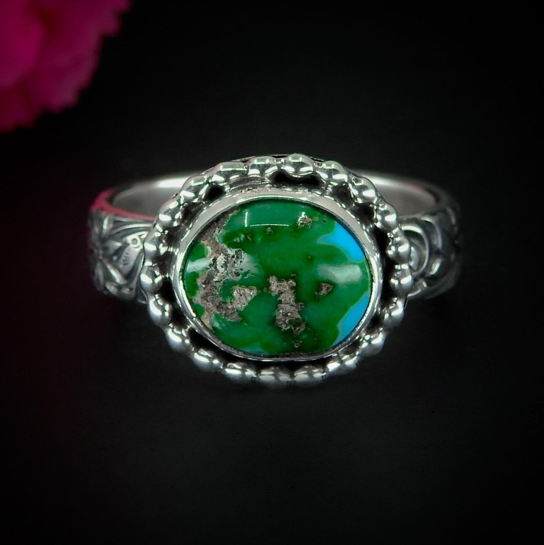 Sonoran Gold Turquoise Ring - Size 7 1/2 - Sterling Silver - Green Turquoise Jewellery - Aqua Turquoise - Thick Floral Band Turquoise Ring