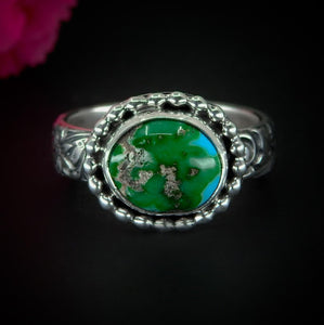 Sonoran Gold Turquoise Ring - Size 7 1/2 - Sterling Silver - Green Turquoise Jewellery - Aqua Turquoise - Thick Floral Band Turquoise Ring