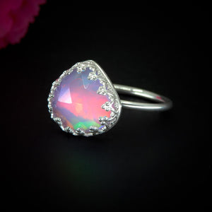 Rose Cut Clear Quartz & Aurora Opal Ring - Size 8 - Sterling Silver - Pastel Rainbow Crystal Jewellery - Handcrafted Crystal Ring OOAK
