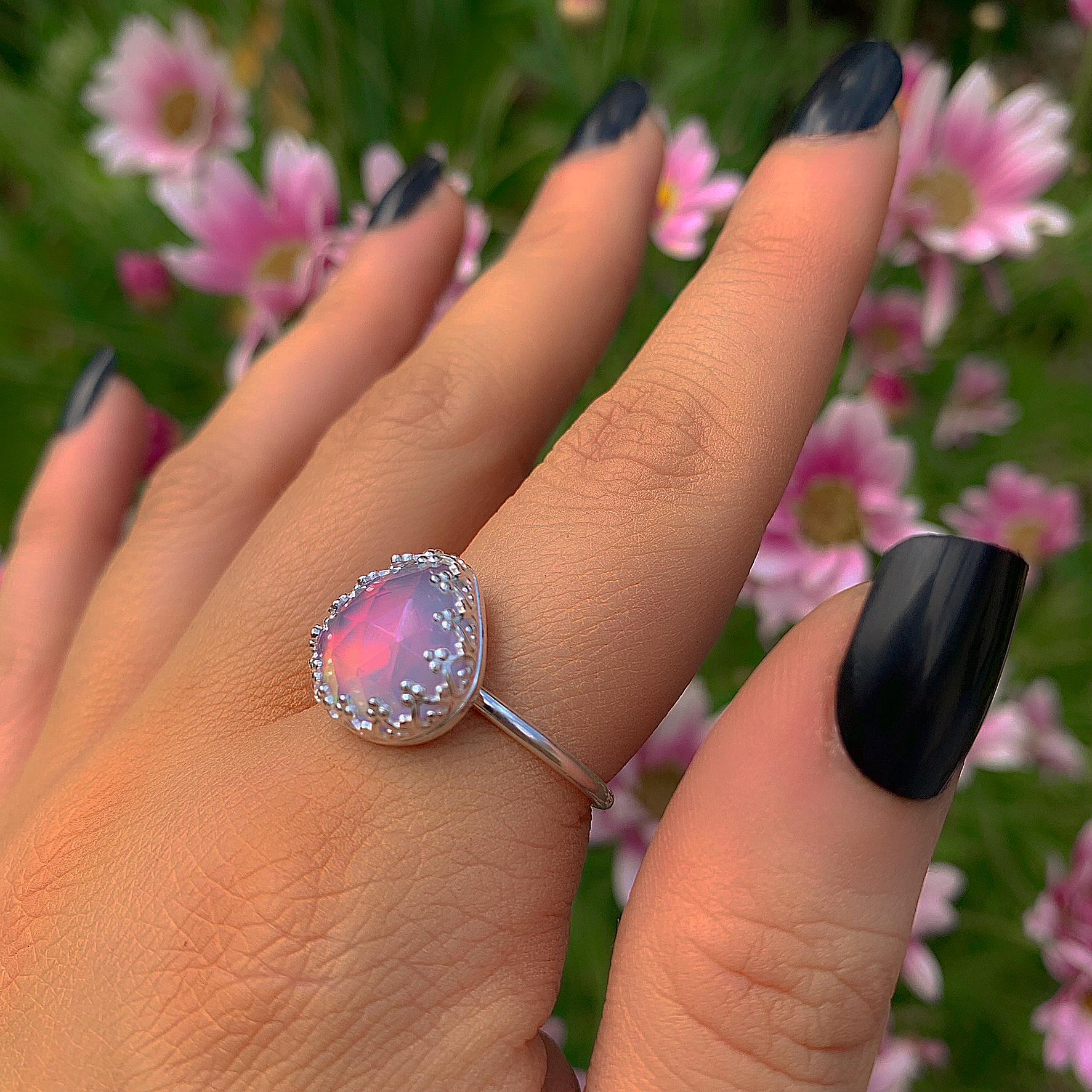 Rose Cut Clear Quartz & Aurora Opal Ring - Size 8 - Sterling Silver - Pastel Rainbow Crystal Jewellery - Handcrafted Crystal Ring OOAK
