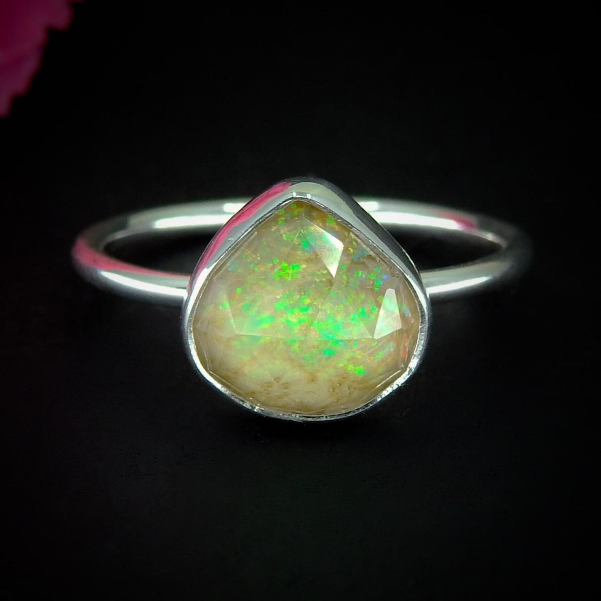 Rose Cut Clear Quartz & Monarch Opal Ring - Size 8 - Sterling Silver - Faceted Rainbow Opal Jewelry - Dainty Crystal Sterling Opal Ring