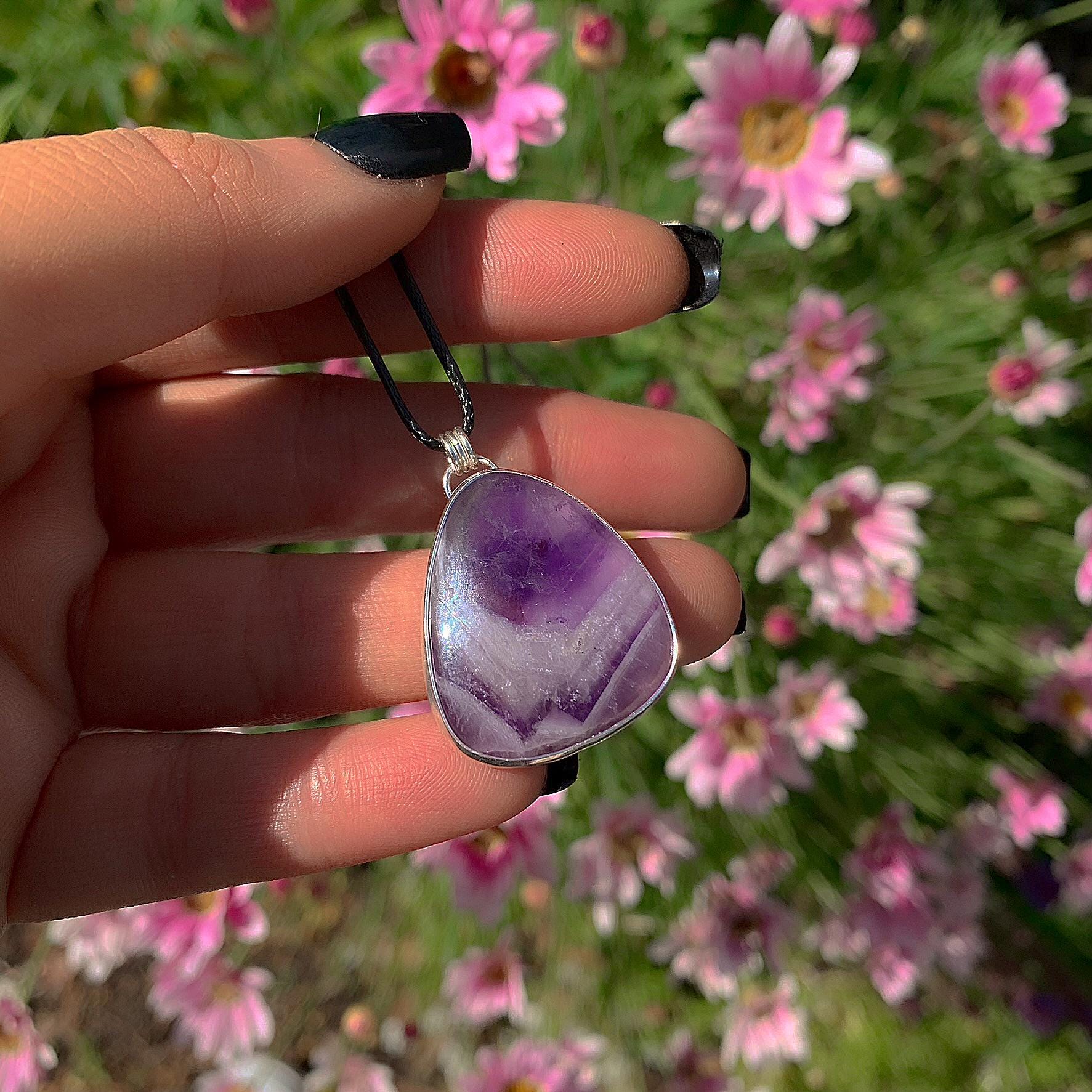 Amethyst Pendant - Sterling Silver - Chevron Amethyst Moon Pendant - Banded Purple Amethyst Necklace - Handcrafted Purple Gemstone Jewelry