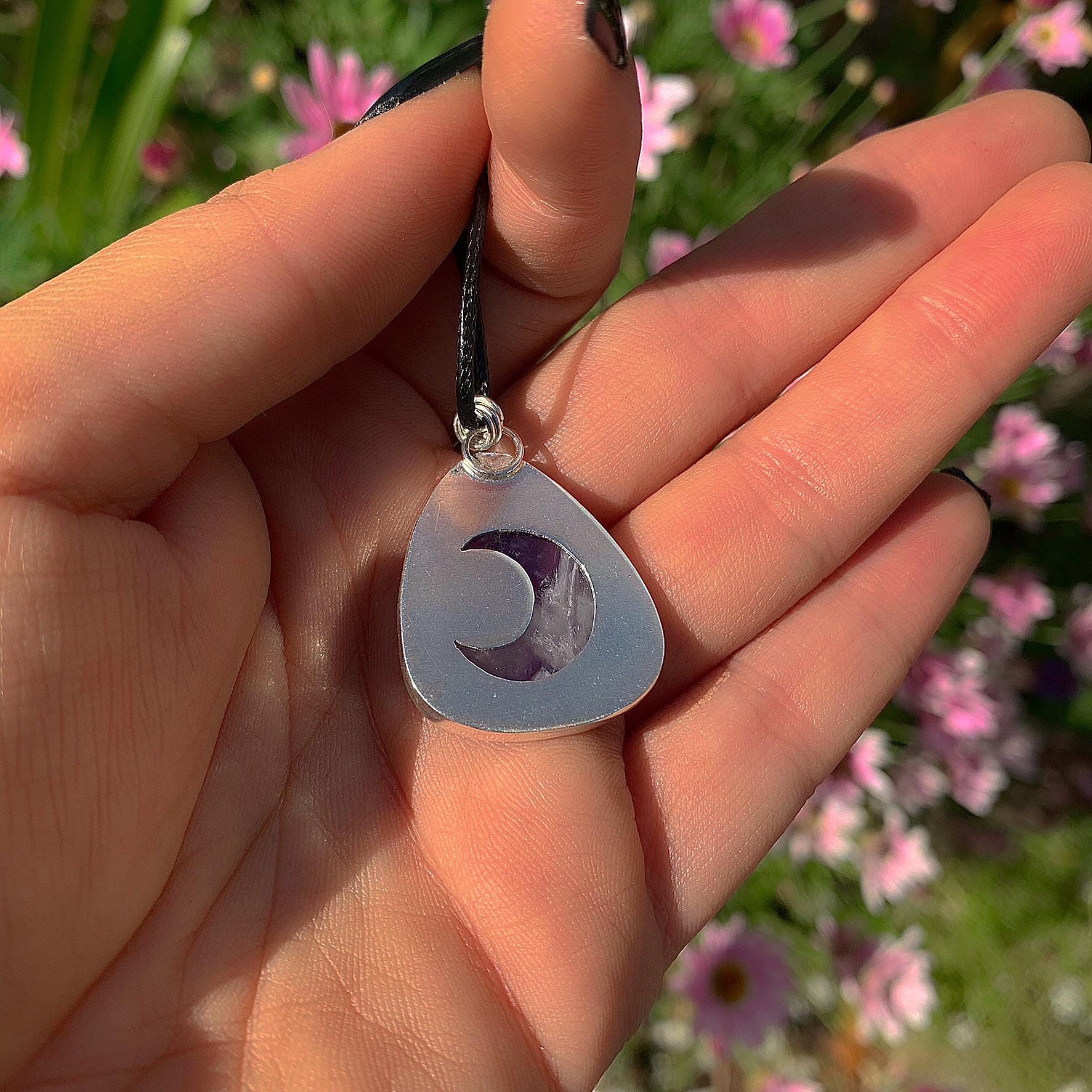 Amethyst Pendant - Sterling Silver - Chevron Amethyst Moon Pendant - Banded Purple Amethyst Necklace - Handcrafted Purple Gemstone Jewelry