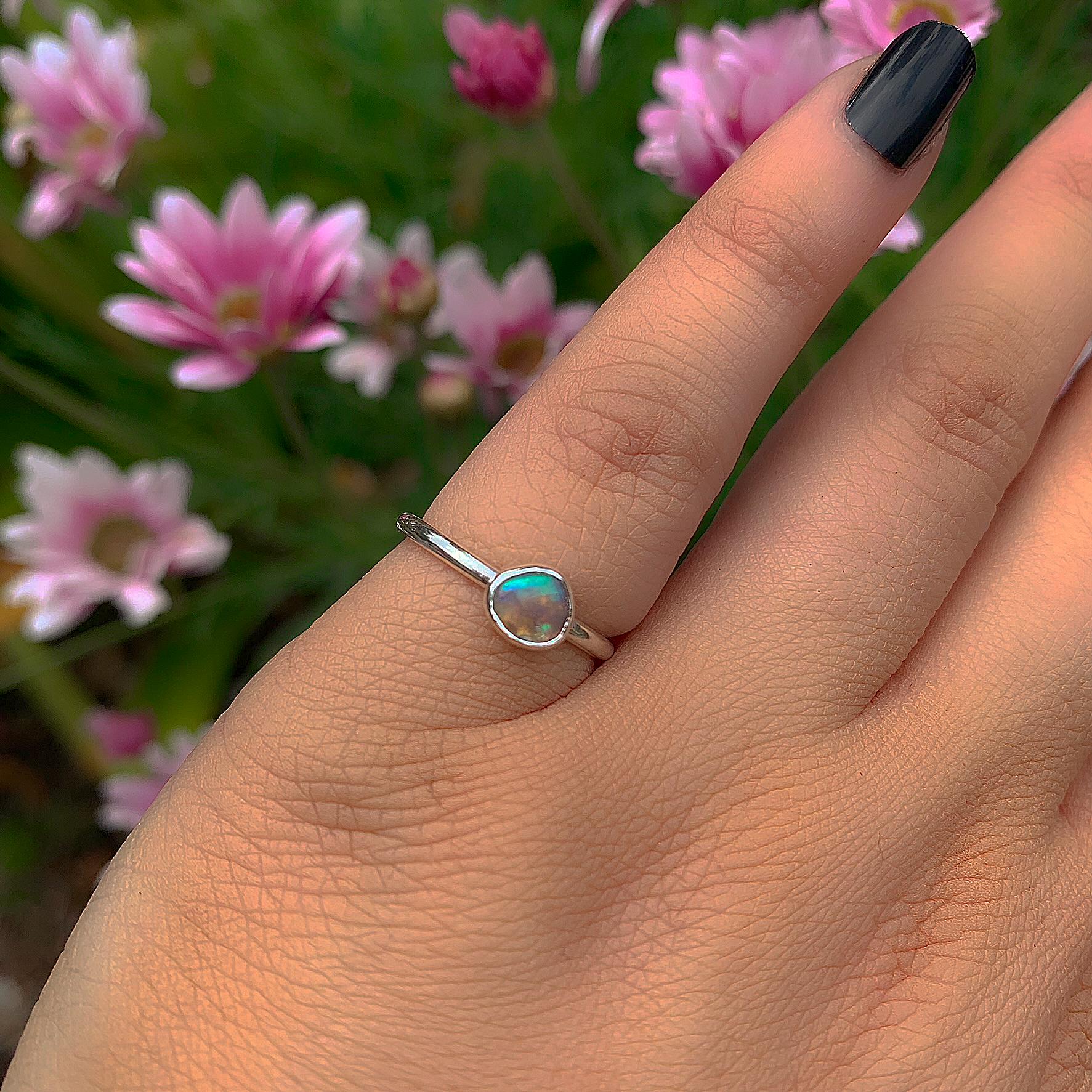 Australian Crystal Opal Ring - Size 4 1/2 - Sterling Silver - Lightning Ridge Opal Ring - Dainty Opal Jewelry - Solid Australian Opal OOAK