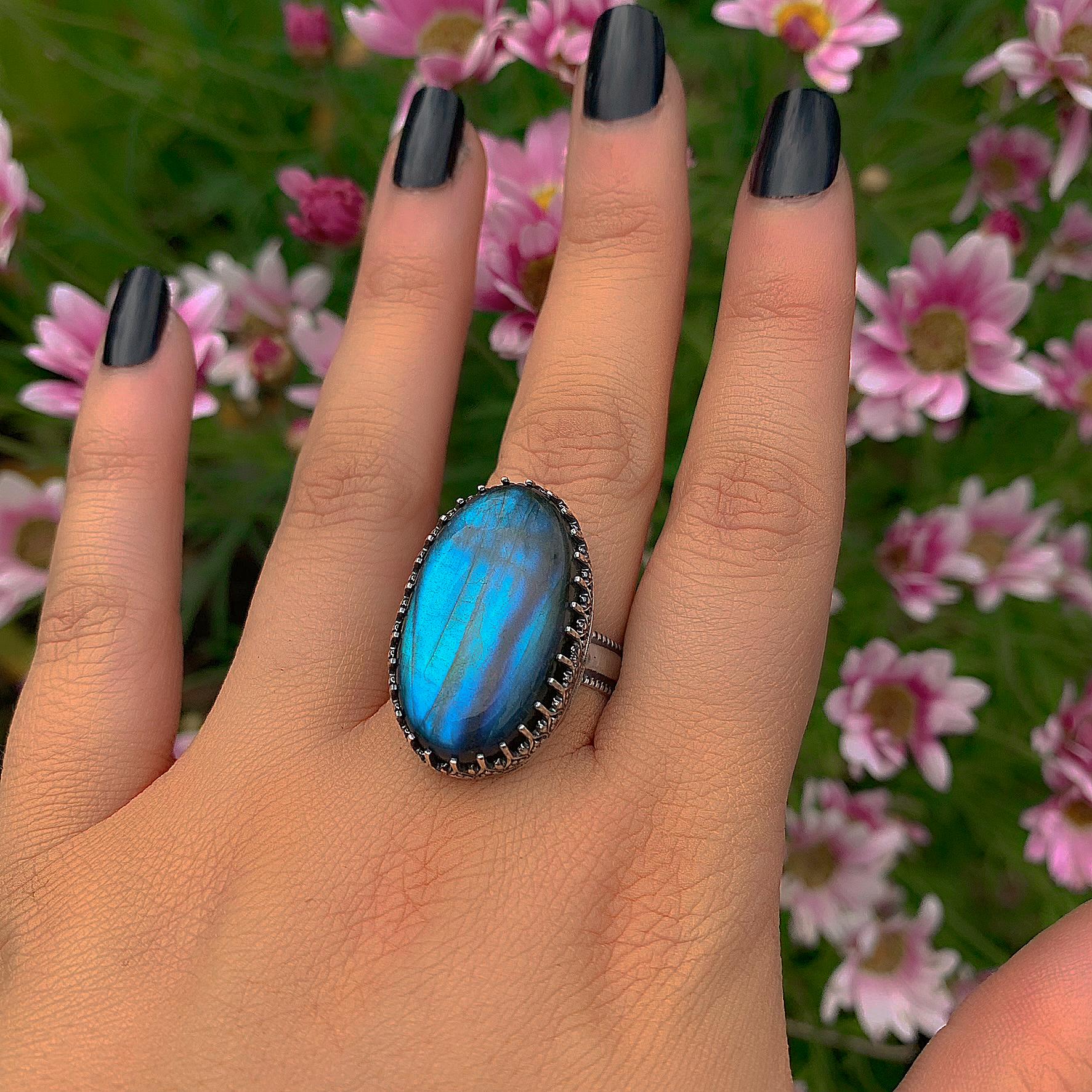 Blue Labradorite Ring - Size 11 1/2 to 11 3/4 - Sterling Silver - Large Labradorite Ring - Oval Labradorite Statement Ring