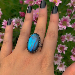 Blue Labradorite Ring - Size 11 1/2 to 11 3/4 - Sterling Silver - Large Labradorite Ring - Oval Labradorite Statement Ring