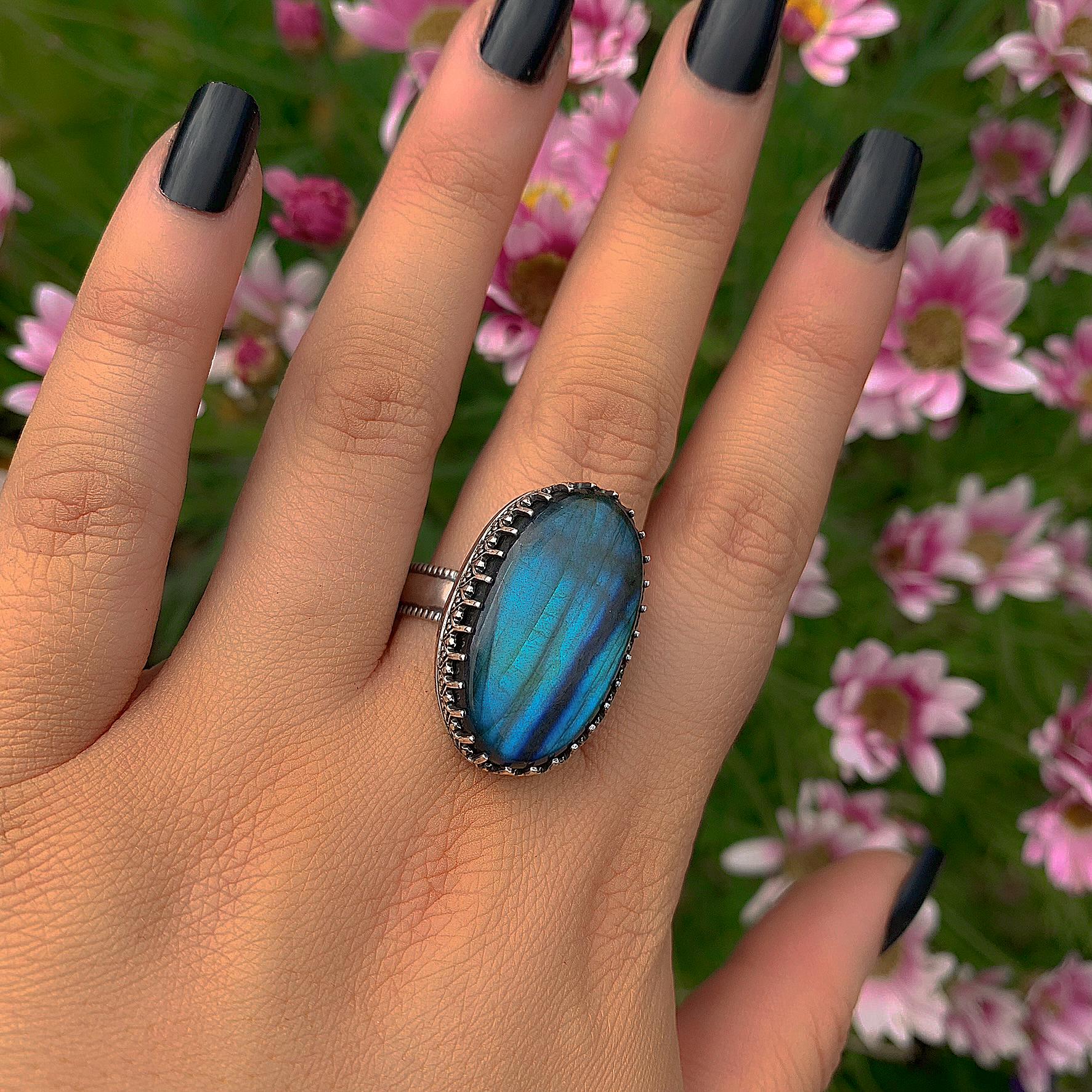 Blue Labradorite Ring - Size 11 1/2 to 11 3/4 - Sterling Silver - Large Labradorite Ring - Oval Labradorite Statement Ring