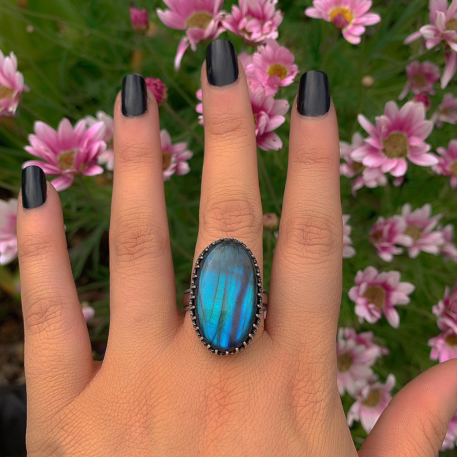 Blue Labradorite Ring - Size 11 1/2 to 11 3/4 - Sterling Silver - Large Labradorite Ring - Oval Labradorite Statement Ring