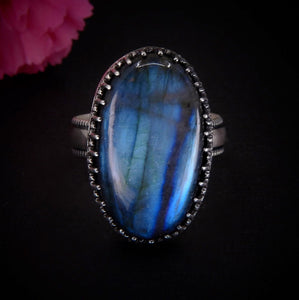 Blue Labradorite Ring - Size 11 1/2 to 11 3/4 - Sterling Silver - Large Labradorite Ring - Oval Labradorite Statement Ring