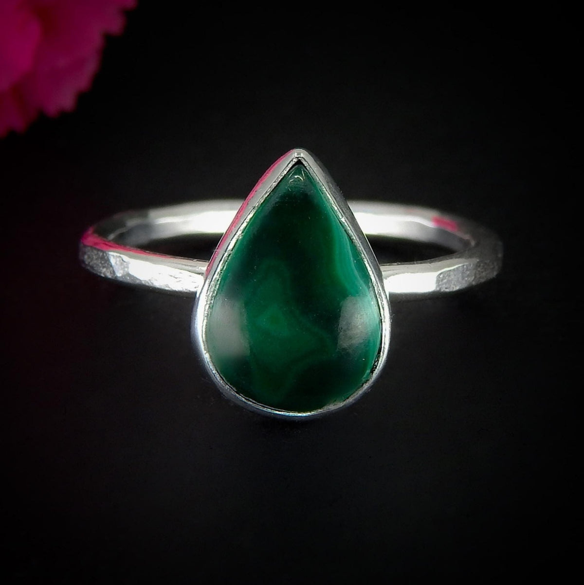 Malachite Ring - Size 9 - Sterling Silver - Dainty Malachite Ring - Teardrop Malachite Jewelry - Unique Gemstone Ring - Green Stone Ring