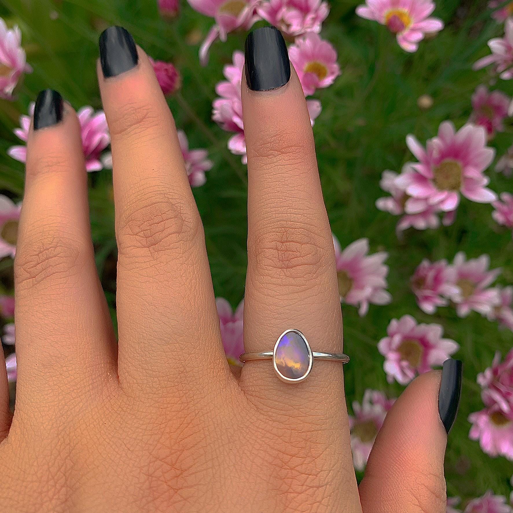 Australian Crystal Opal Ring - Size 9 - Sterling Silver - Lightning Ridge Opal Ring - Dainty Opal Jewelry - Solid Australian Opal