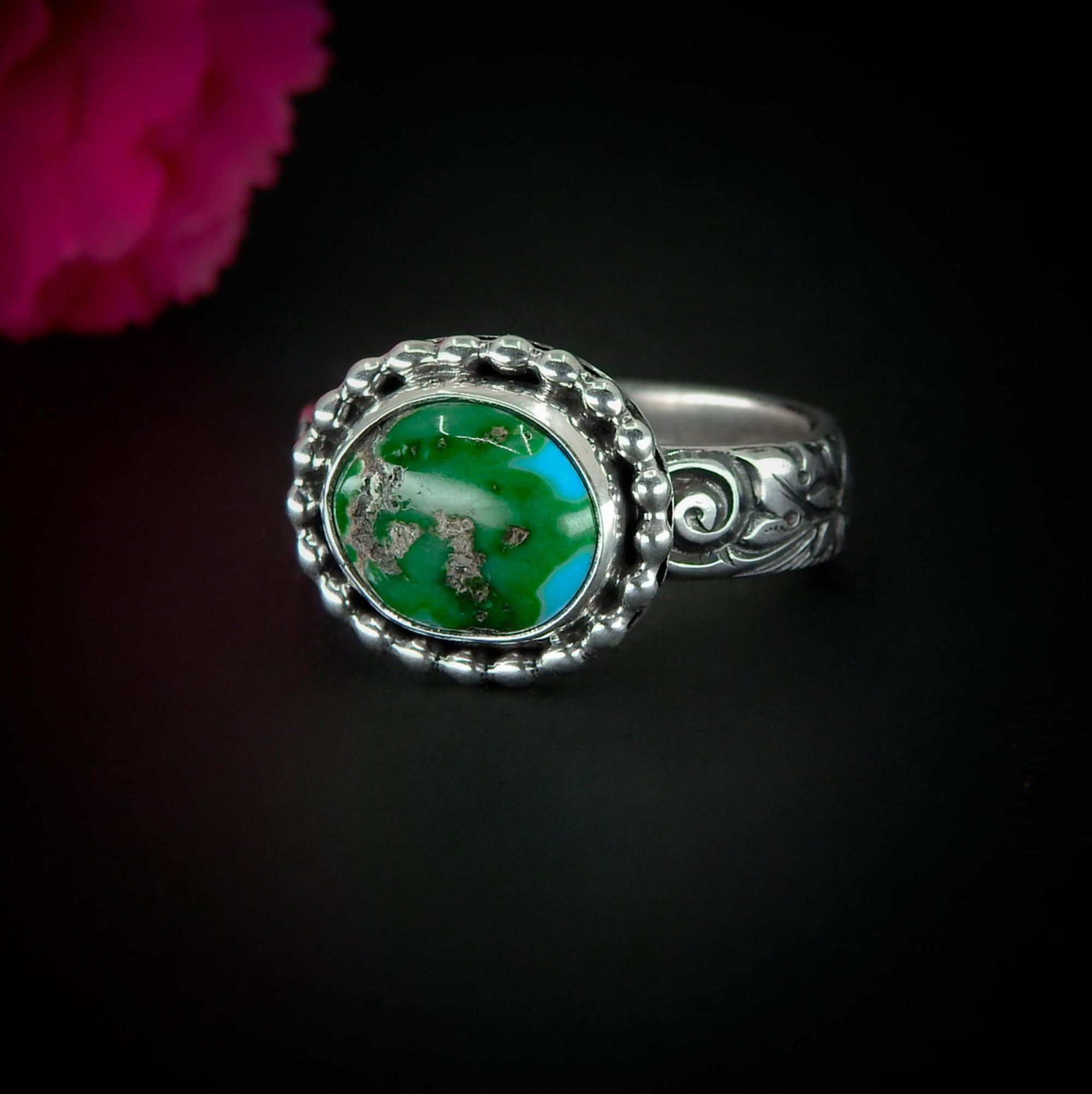 Sonoran Gold Turquoise Ring - Size 7 1/2 - Sterling Silver - Green Turquoise Jewellery - Aqua Turquoise - Thick Floral Band Turquoise Ring