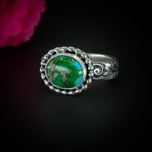 Sonoran Gold Turquoise Ring - Size 7 1/2 - Sterling Silver - Green Turquoise Jewellery - Aqua Turquoise - Thick Floral Band Turquoise Ring