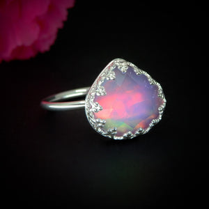 Rose Cut Clear Quartz & Aurora Opal Ring - Size 8 - Sterling Silver - Pastel Rainbow Crystal Jewellery - Handcrafted Crystal Ring OOAK