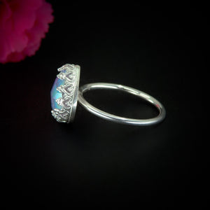 Rose Cut Clear Quartz & Aurora Opal Ring - Size 8 - Sterling Silver - Pastel Rainbow Crystal Jewellery - Handcrafted Crystal Ring OOAK