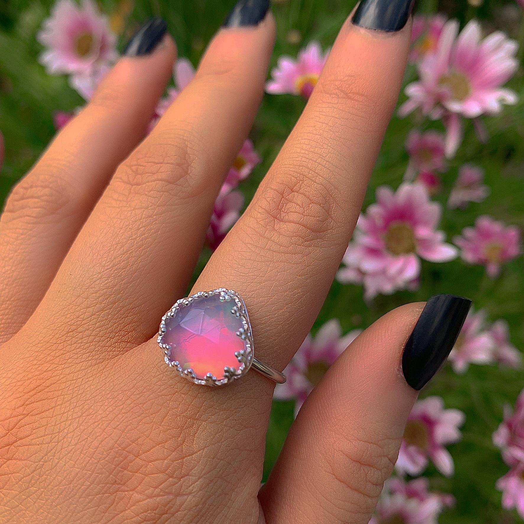 Rose Cut Clear Quartz & Aurora Opal Ring - Size 8 - Sterling Silver - Pastel Rainbow Crystal Jewellery - Handcrafted Crystal Ring OOAK