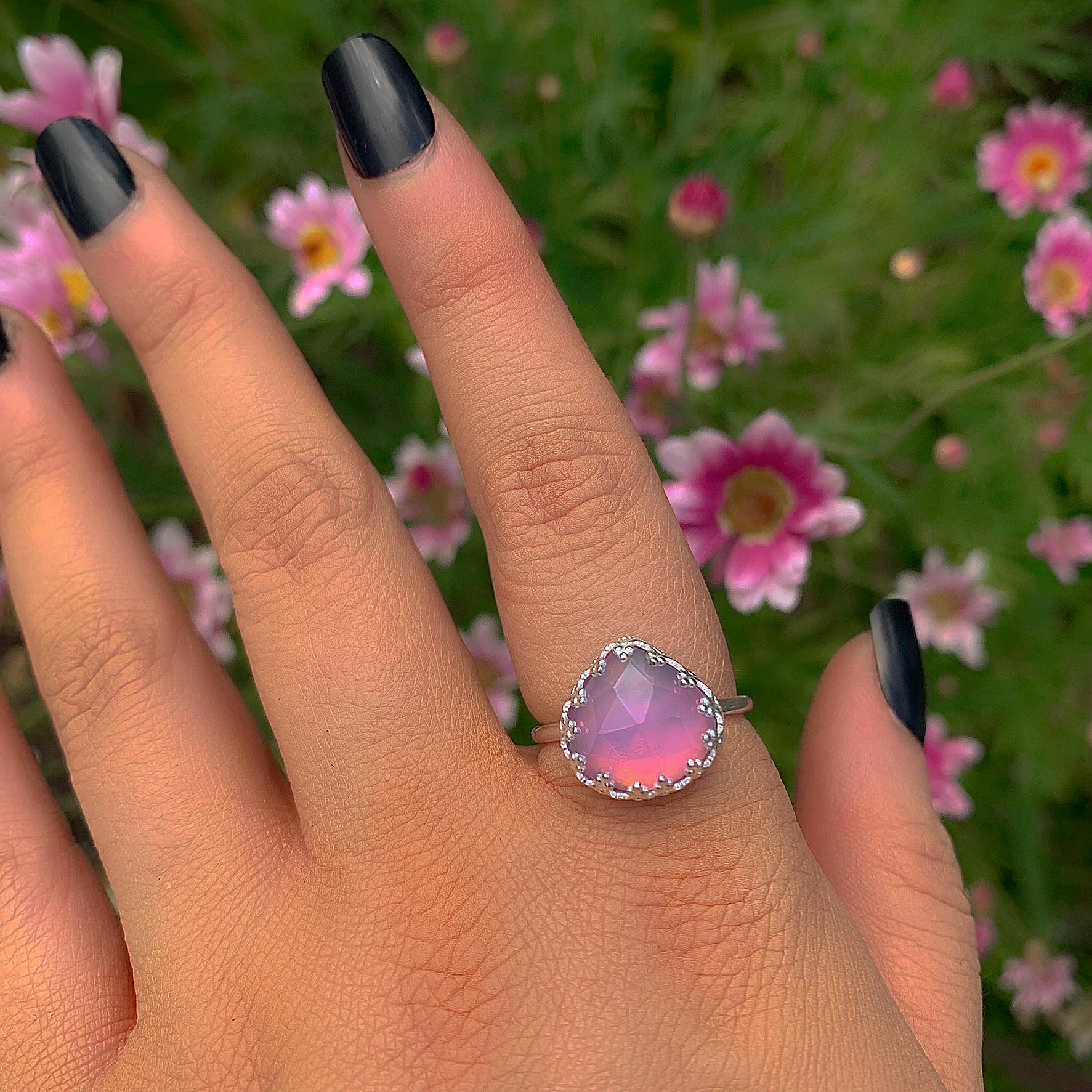Rose Cut Clear Quartz & Aurora Opal Ring - Size 8 - Sterling Silver - Pastel Rainbow Crystal Jewellery - Handcrafted Crystal Ring OOAK