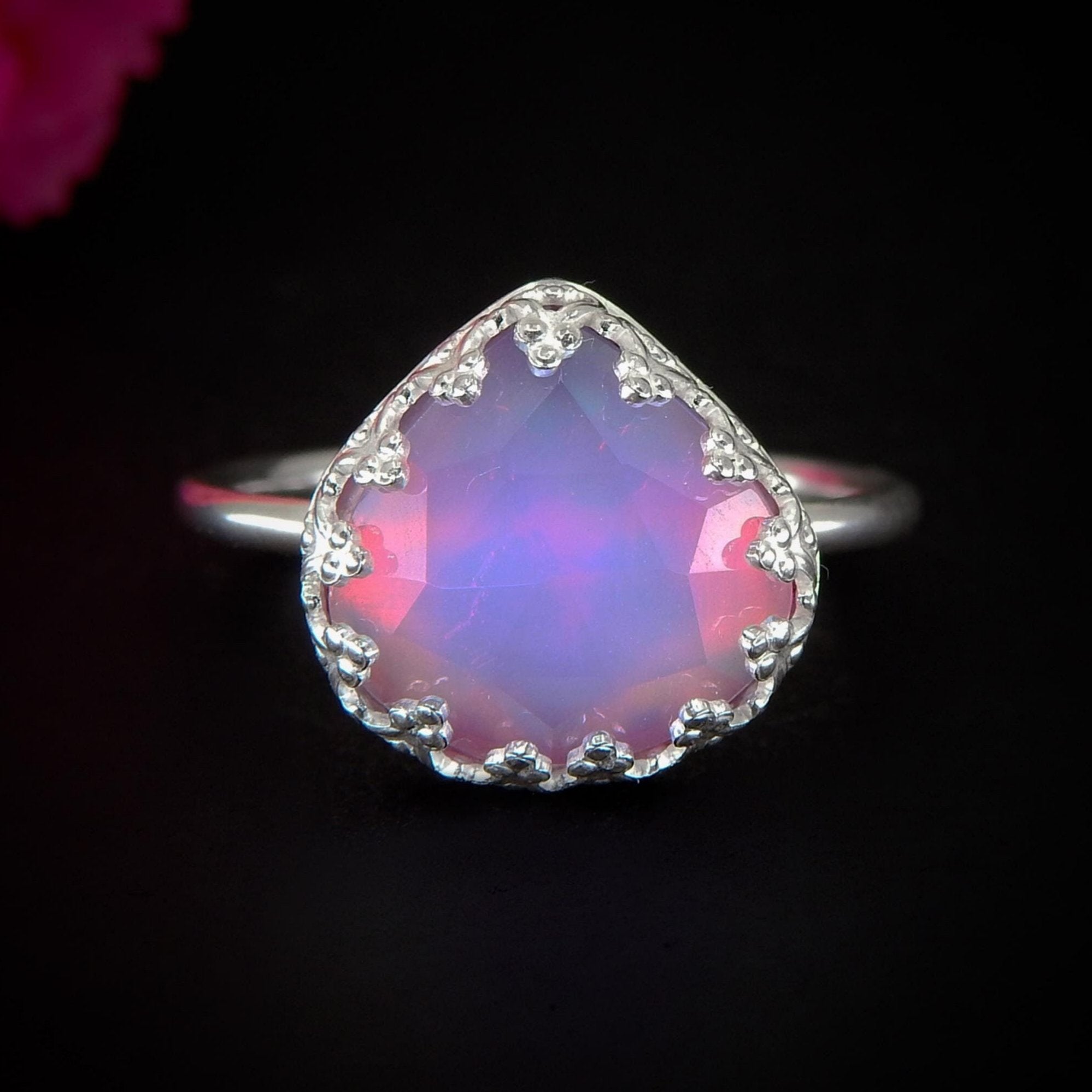 Rose Cut Clear Quartz & Aurora Opal Ring - Size 8 - Sterling Silver - Pastel Rainbow Crystal Jewellery - Handcrafted Crystal Ring OOAK
