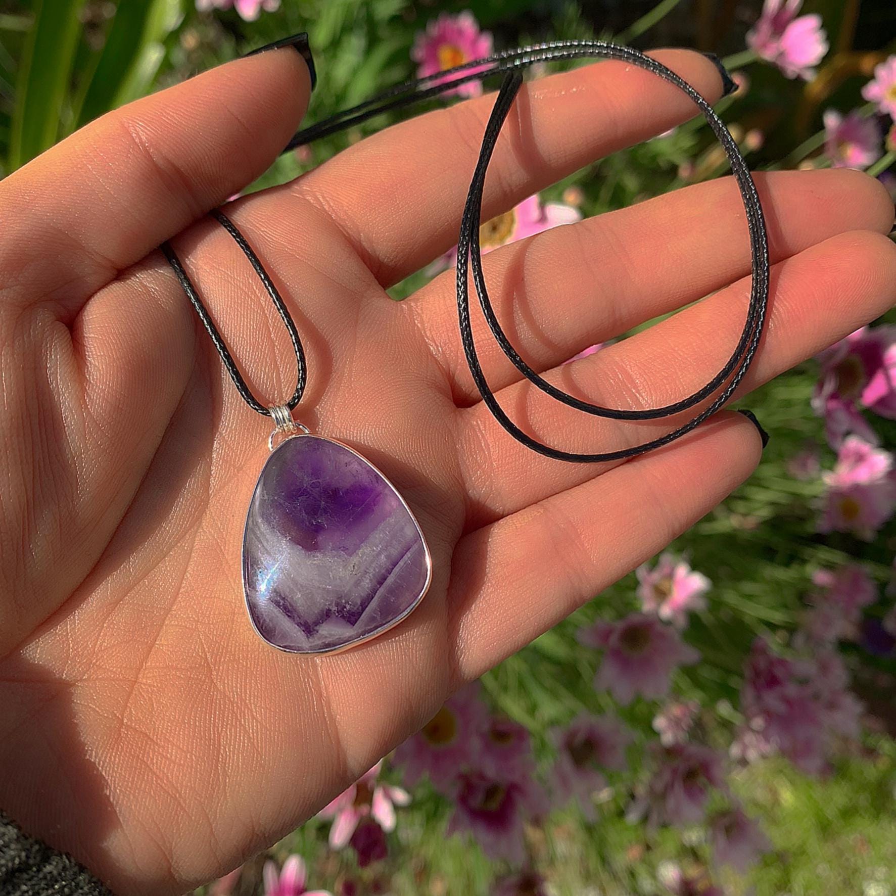 Amethyst Pendant - Sterling Silver - Chevron Amethyst Moon Pendant - Banded Purple Amethyst Necklace - Handcrafted Purple Gemstone Jewelry