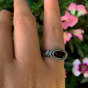 Rose Cut Rhodolite Garnet Ring - Size 9 - Sterling Silver - Pink Garnet Ring - Red Garnet Jewellery - Thick Floral Ring Band, Faceted Garnet