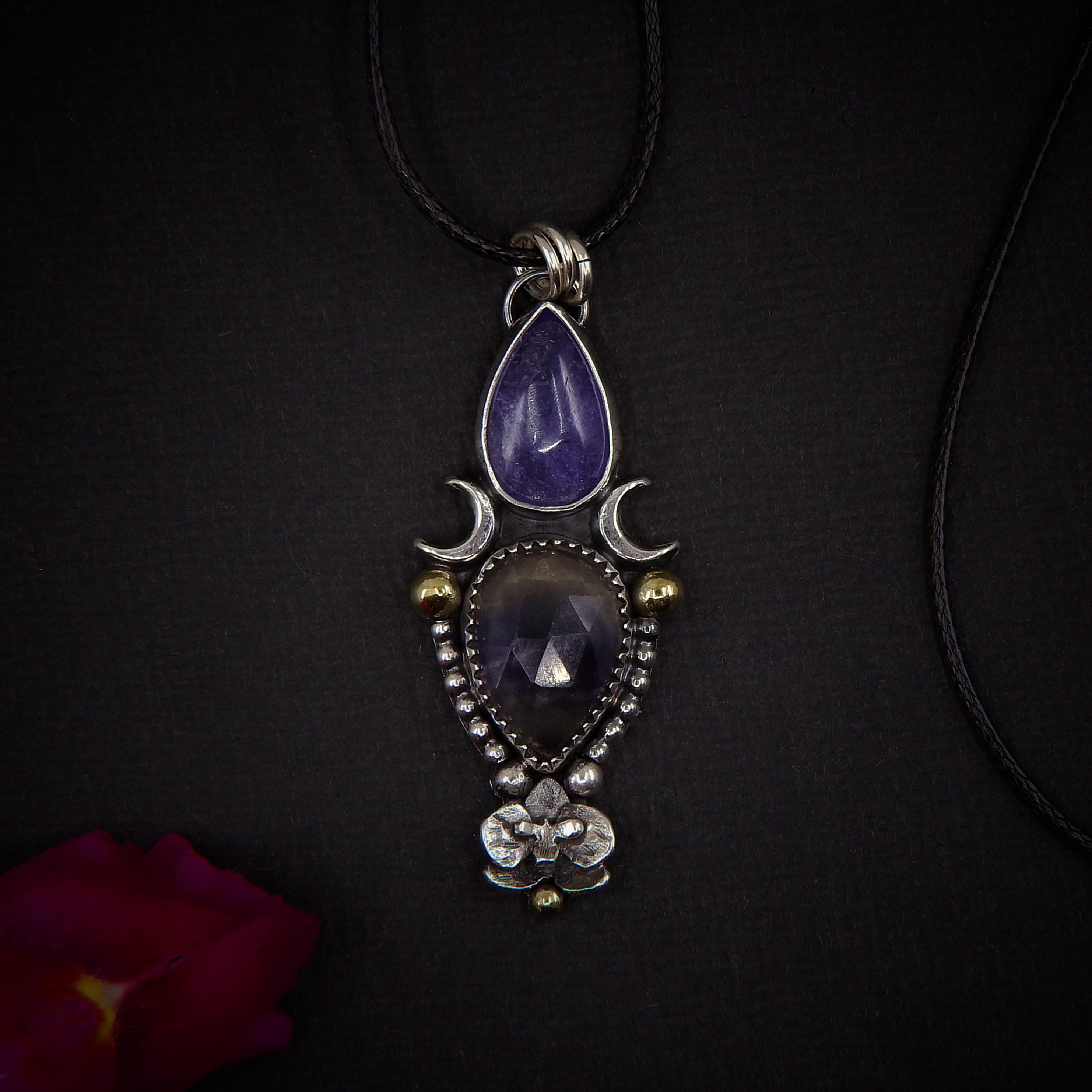Rose Cut Fluorite & Tanzanite Pendant - Sterling Silver - Crescent Moon Pendant - Purple Fluorite Necklace - Orchid Jewelry - Celestial Gift