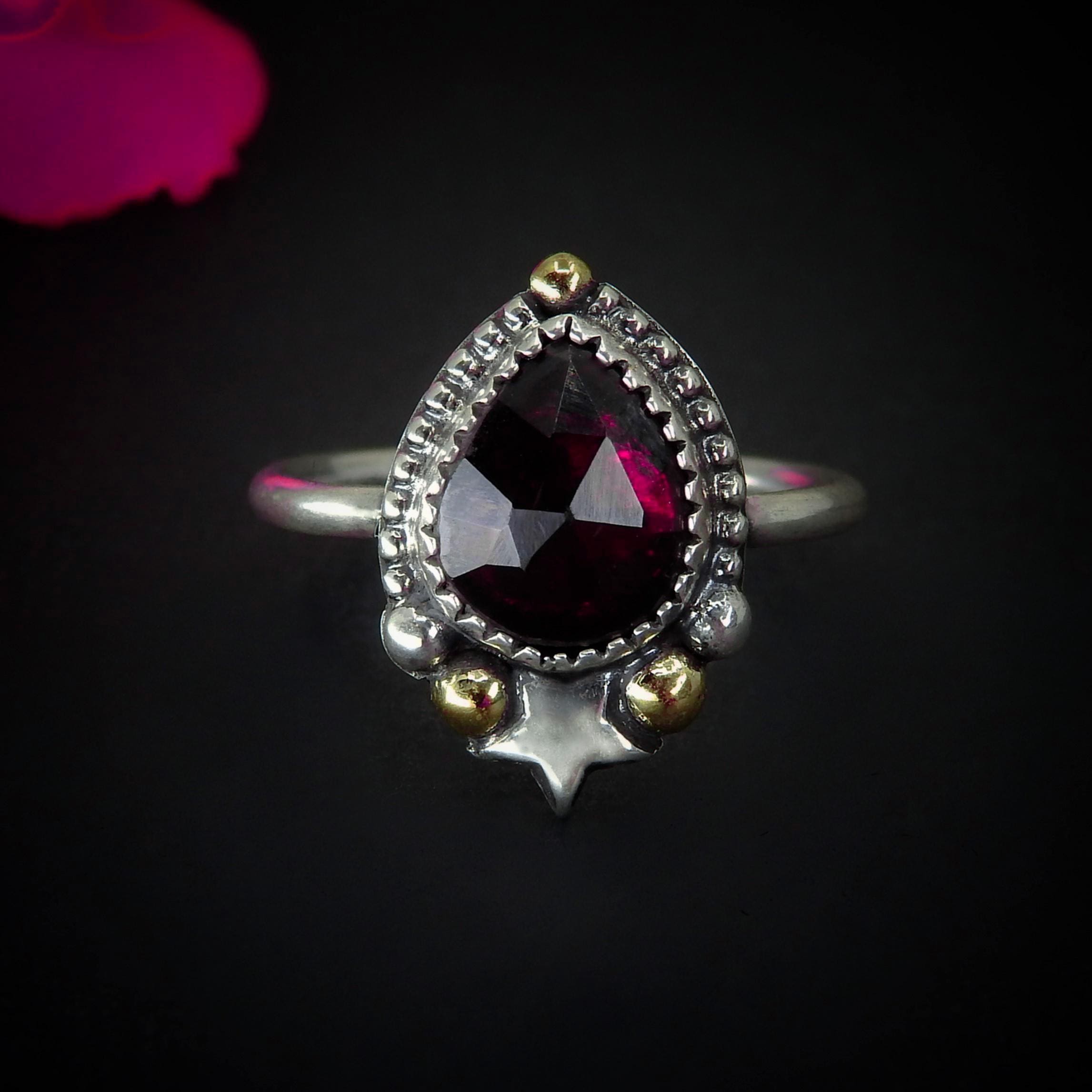 Rose Cut Rhodolite Garnet Ring - Size 6 1/2 - Sterling Silver - Celestial Pink Garnet Ring - Red Garnet Jewelry - Faceted Garnet Star Ring