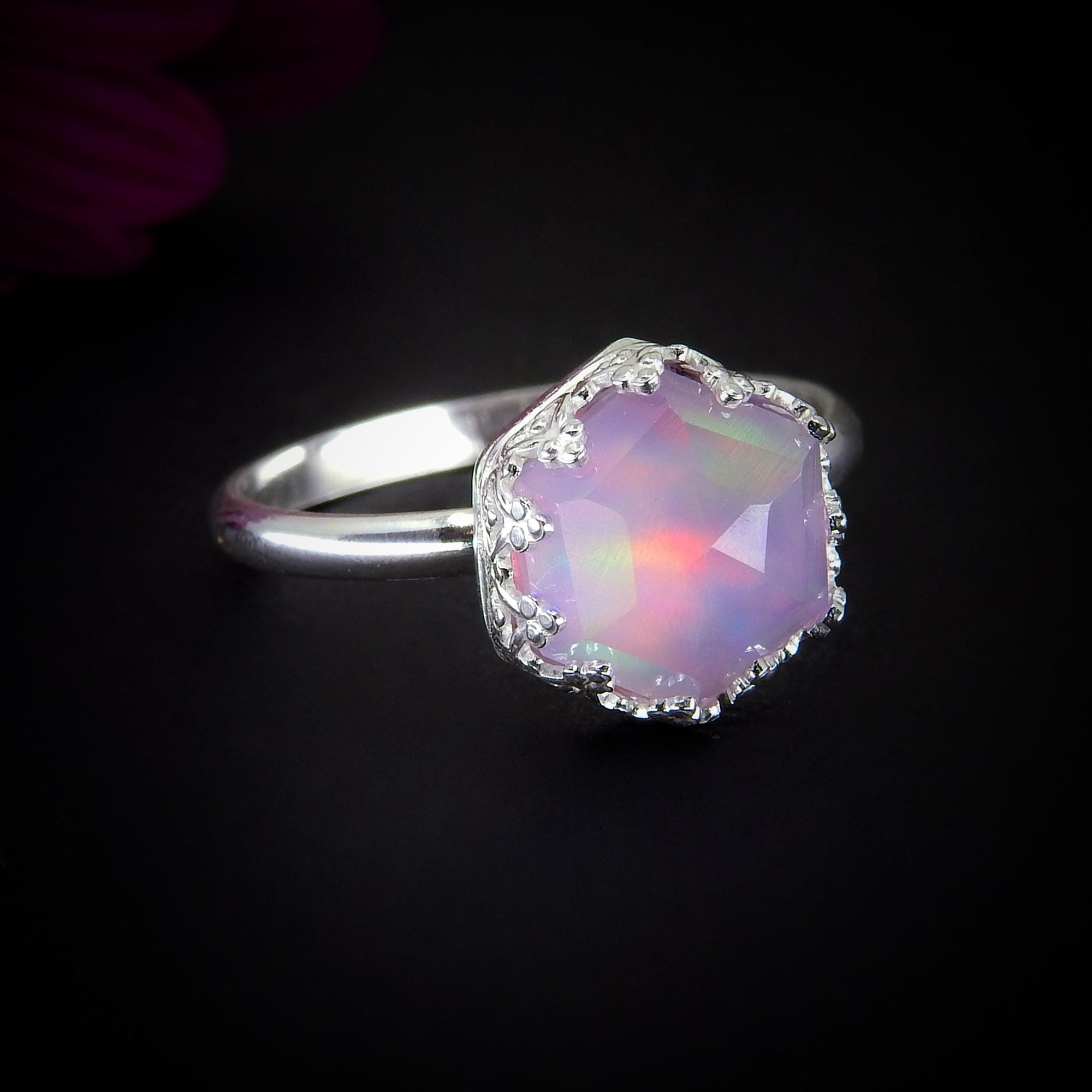 Rose Cut Clear Quartz & Aurora Opal Ring - Size 10 to 10 1/4 - Sterling Silver - Pastel Rainbow Crystal Jewellery - Hexagonal Crystal Ring