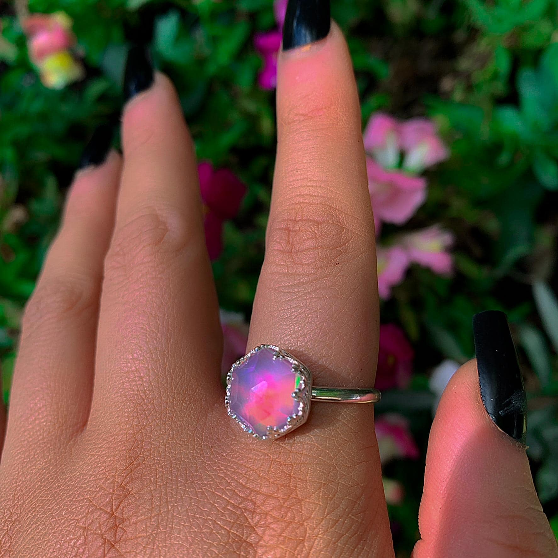 Rose Cut Clear Quartz & Aurora Opal Ring - Size 10 to 10 1/4 - Sterling Silver - Pastel Rainbow Crystal Jewellery - Hexagonal Crystal Ring