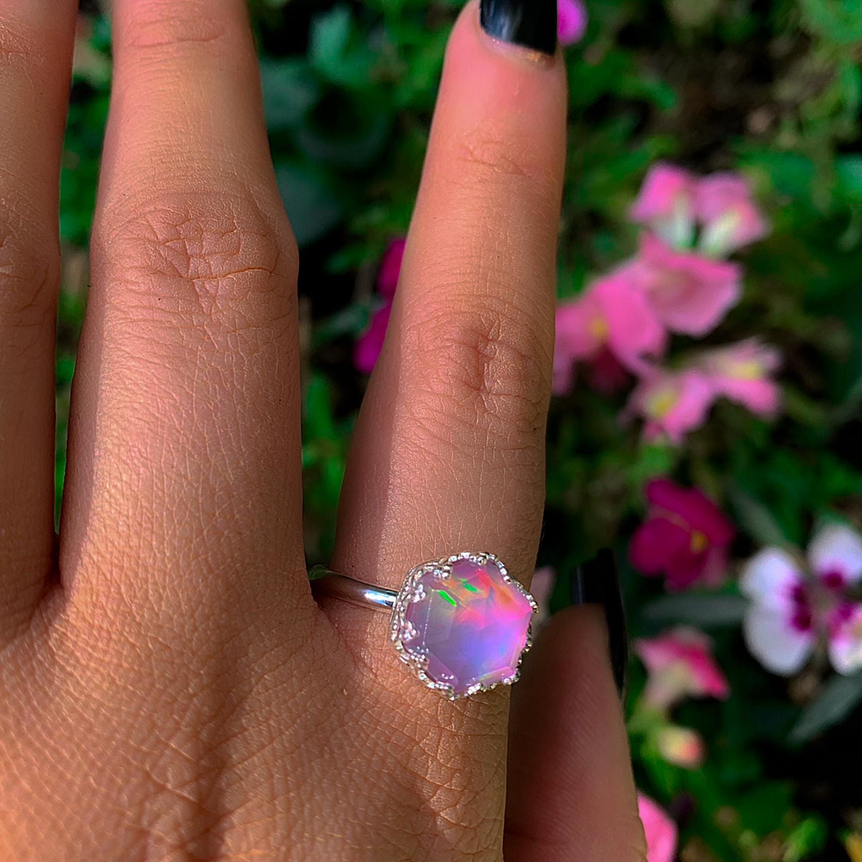Rose Cut Clear Quartz & Aurora Opal Ring - Size 10 to 10 1/4 - Sterling Silver - Pastel Rainbow Crystal Jewellery - Hexagonal Crystal Ring