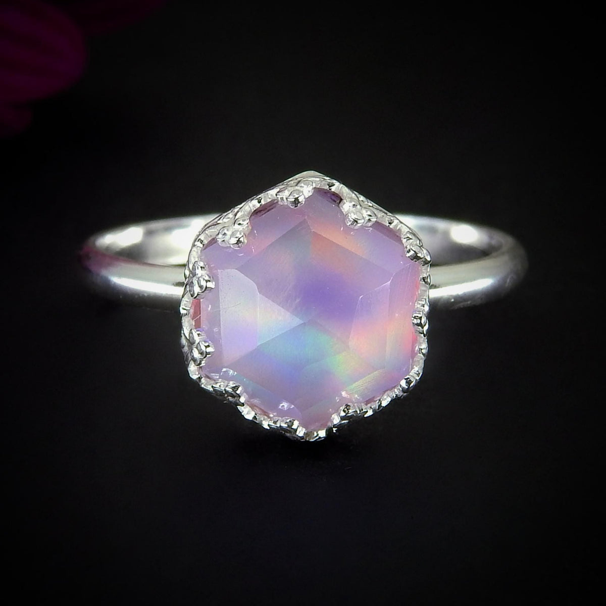 Rose Cut Clear Quartz & Aurora Opal Ring - Size 10 to 10 1/4 - Sterling Silver - Pastel Rainbow Crystal Jewellery - Hexagonal Crystal Ring