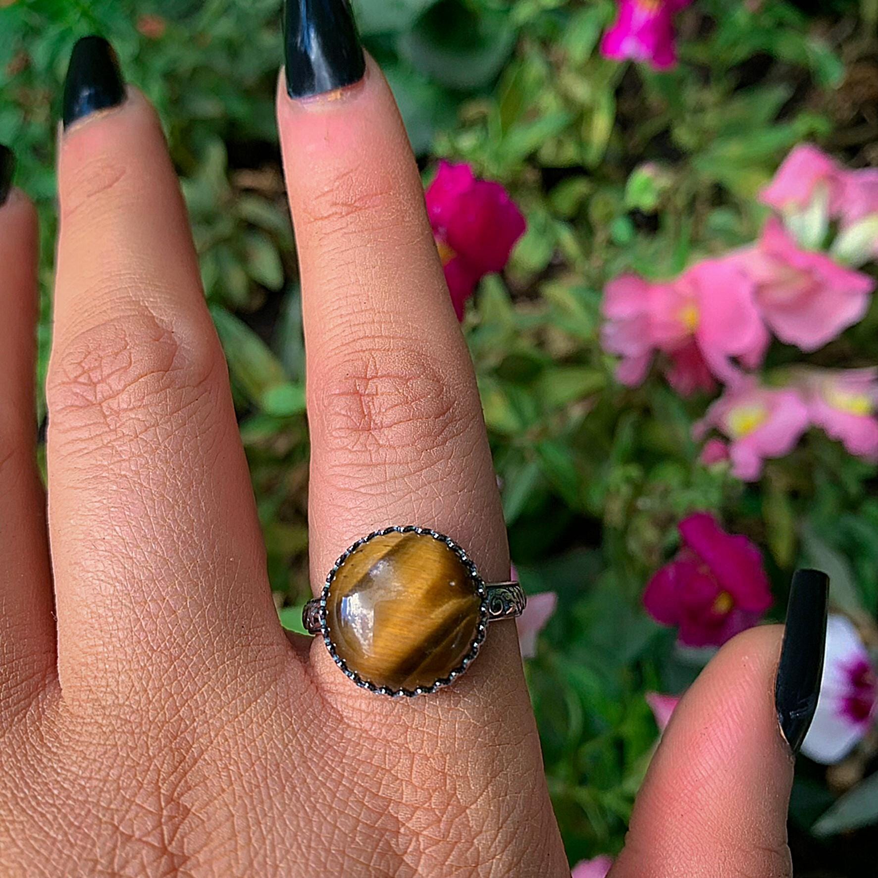 Tiger's Eye Ring - Size 10 to 10 1/4 - Sterling Silver - Round Tigers Eye Statement Ring - Brown Gemstone Jewelry - Thick Floral Ring Band