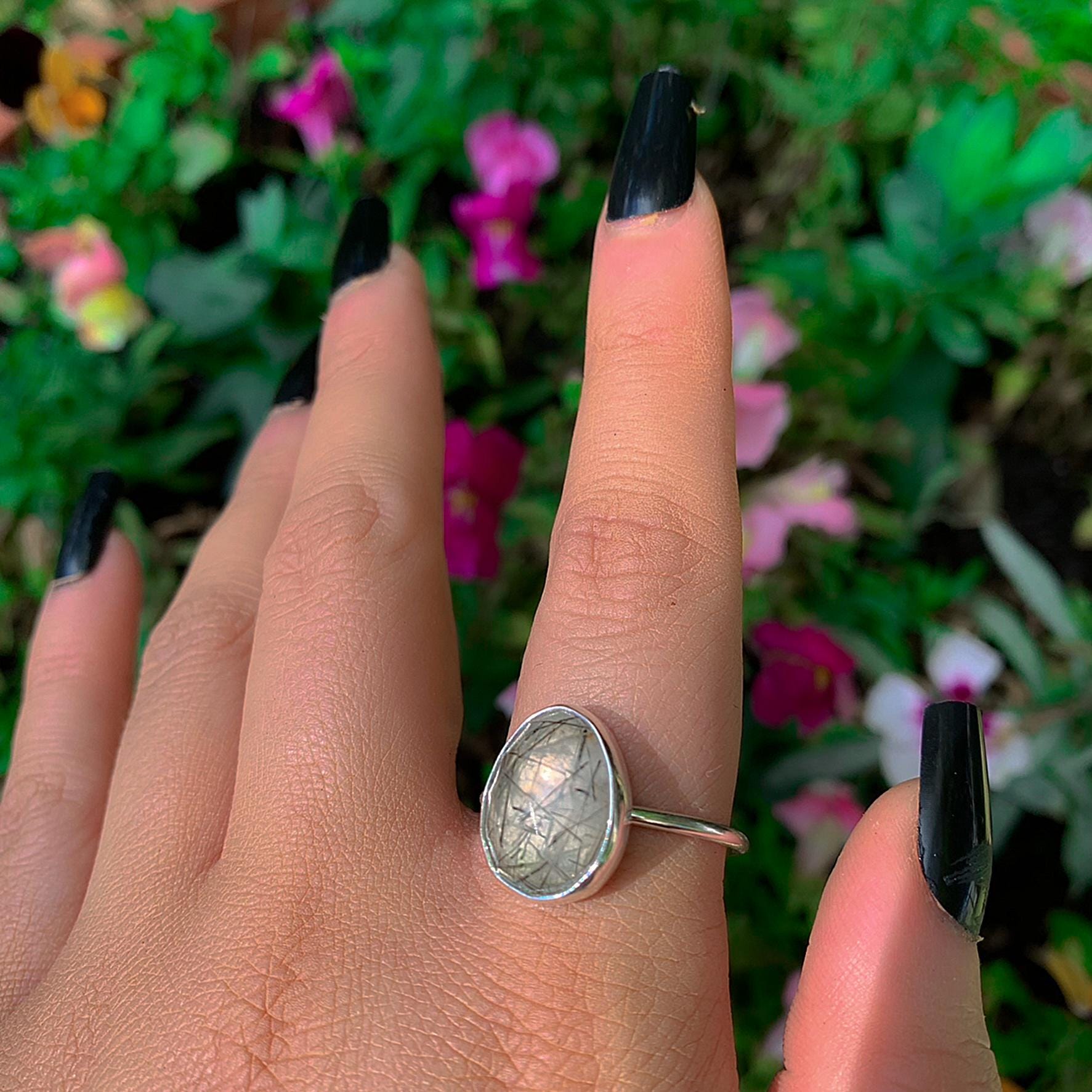 Rose Cut Rutilated Quartz Ring - Size 11 1/4 - Sterling Silver - Black Rutilated Quartz Jewelry - Faceted Rutile Quartz Ring - Needle Quartz