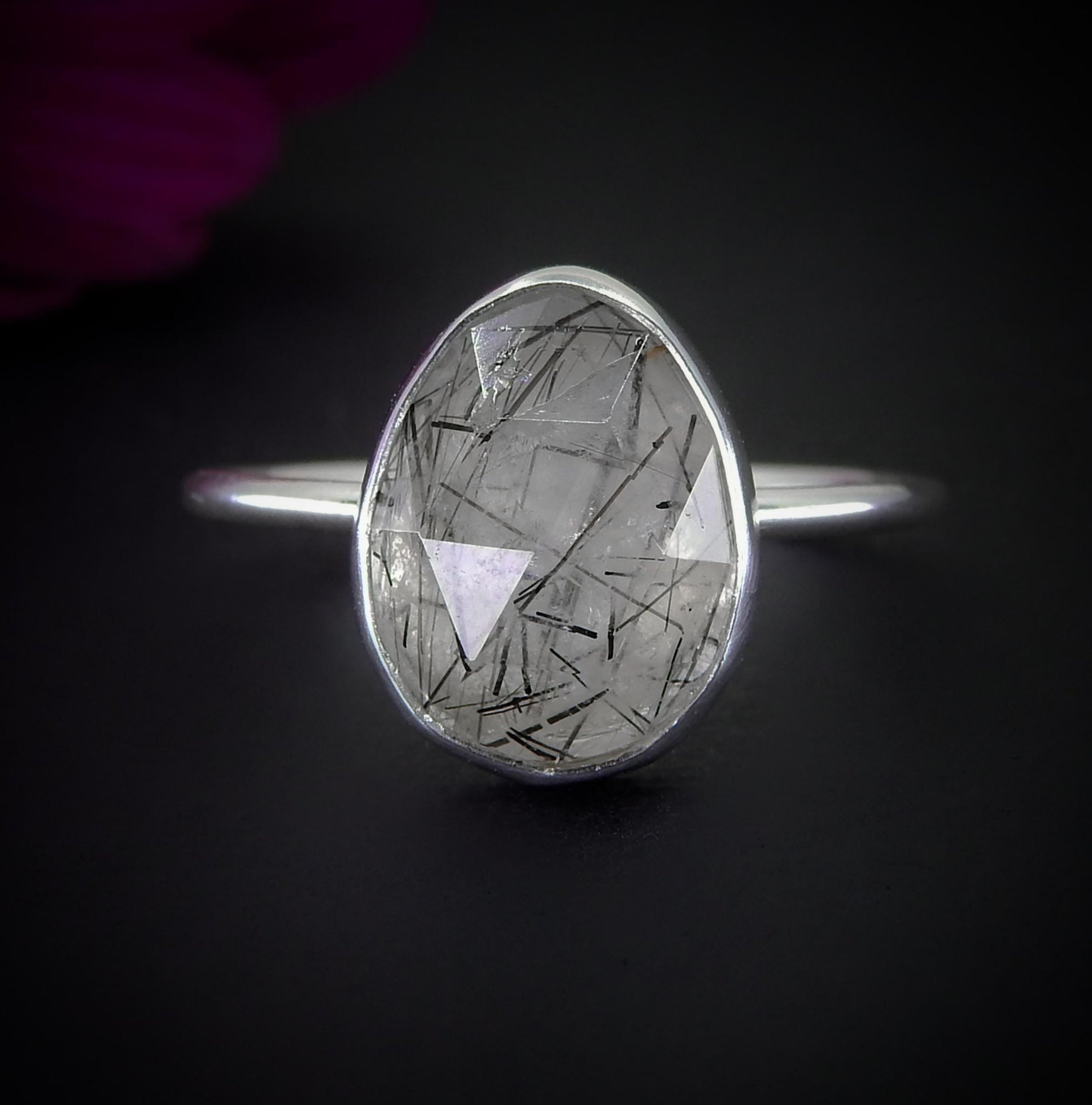 Rose Cut Rutilated Quartz Ring - Size 11 1/4 - Sterling Silver - Black Rutilated Quartz Jewelry - Faceted Rutile Quartz Ring - Needle Quartz