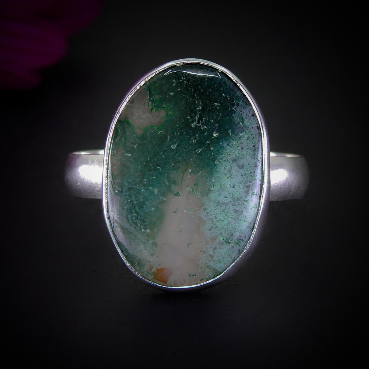 Moss Agate Ring - Size 11 1/4 to 11 1/2 - Sterling Silver - Large Moss Agate Statement Ring - Gemstone Leaf Ring - Oval Tree Agate