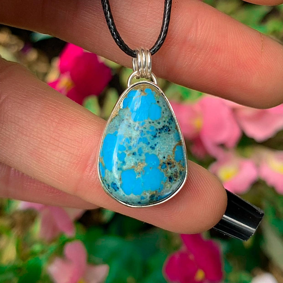 Kingman Turquoise Pendant - Sterling Silver - Blue Kingman Turquoise Necklace - Genuine Mine Blue Turquoise Jewellery - Black Matrix Real