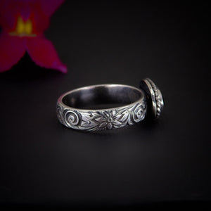 Rose Cut Rhodolite Garnet Ring - Size 9 - Sterling Silver - Pink Garnet Ring - Red Garnet Jewellery - Thick Floral Ring Band, Faceted Garnet