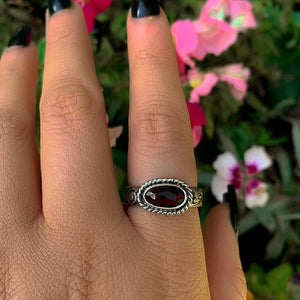 Rose Cut Rhodolite Garnet Ring - Size 9 - Sterling Silver - Pink Garnet Ring - Red Garnet Jewellery - Thick Floral Ring Band, Faceted Garnet